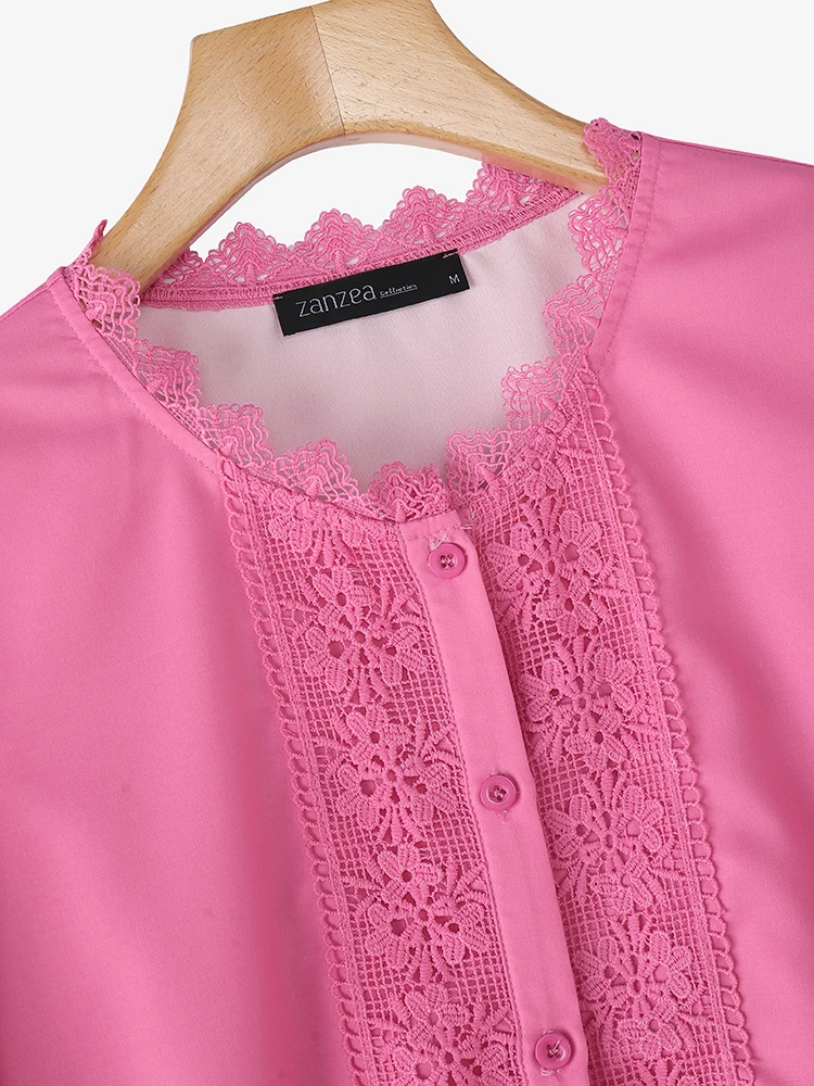 ZANZEA Elegante Spitze Patchwork Frau Shirts Herbst 2025, Oansatz 3/4 Laterne Hülse Plissee Saum Tops Böhmischen Frauen Streetwear 3XL