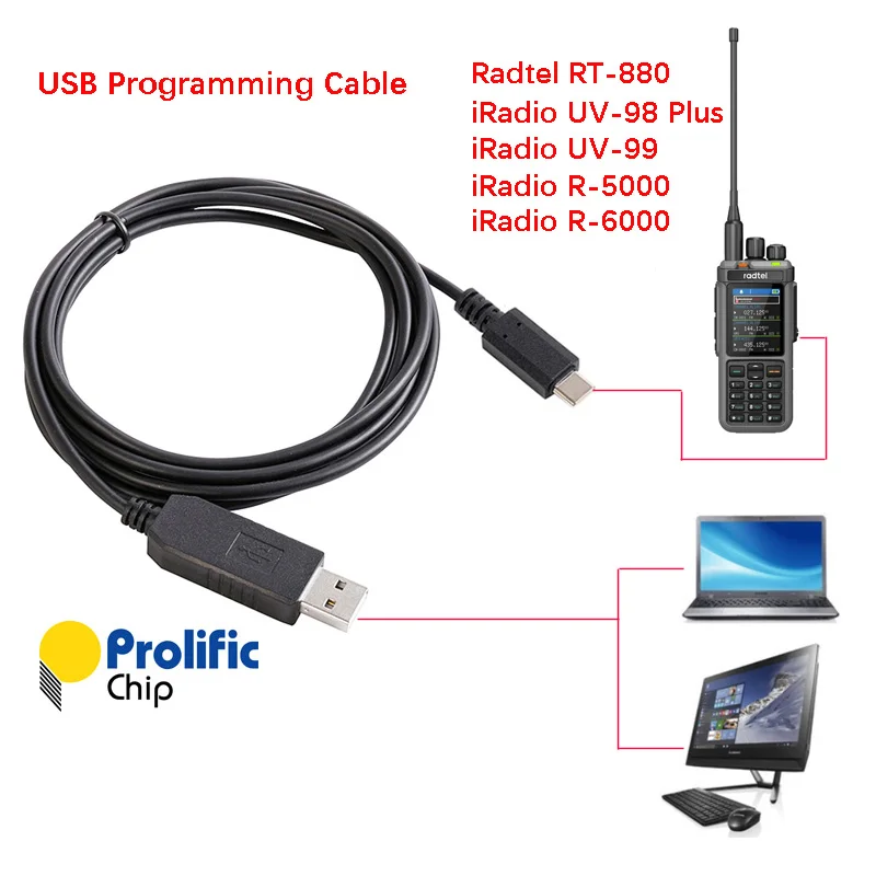 Prolific USB Programming Cable Type-C Support Windows For Iradio UV-98 PLUS UV-99 R-5000 R-6000 Radtel RT-880 Walkie Talkie