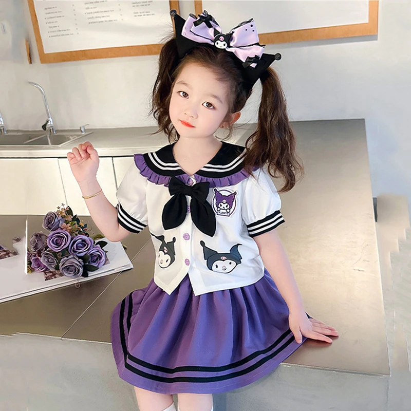 Kawaii أنيمي مرحبا كيتي الفتيات Jk تنورة مجموعة سينامورول سانريوس الصيف القوس دمية طوق قصيرة الأكمام مطوي تنورة بحار موحدة