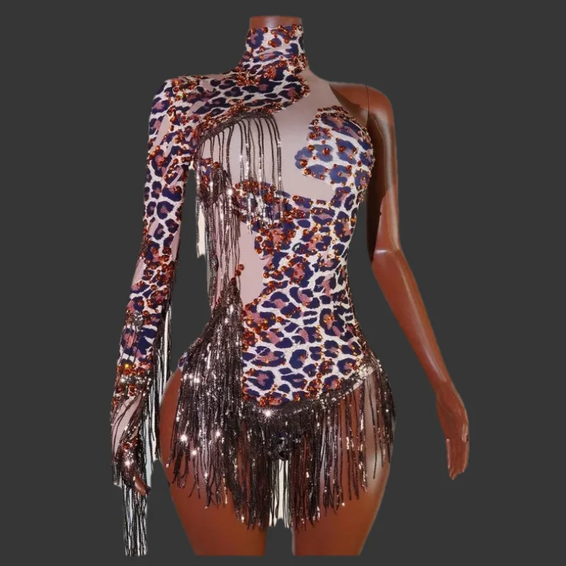 

Sexy Skinny Leotard Singer Dancer Show Stage Wear Sparkly Leopard Rhinestones Women Dance Costume Fringes One Shoulder Bodysuit