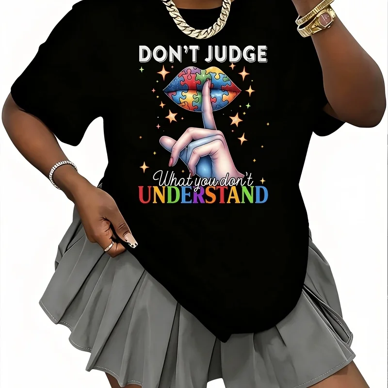 Don'T Judge What You Don'T Understand Puzzle Piece & Rainbow Lips Design, Women's 100% Cotton T-Shirt Short Sleeve Top Casual Round Neck Fun Print Tee S-5Xl