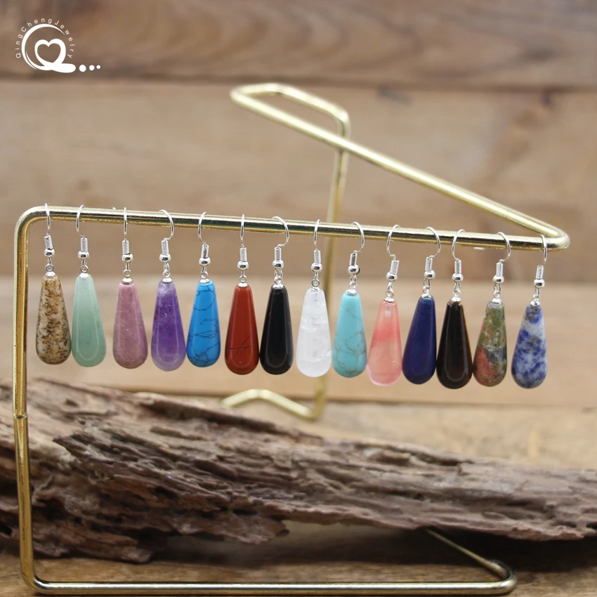 

Reiki Natural Stone Long Tear Water Drop Hook Earring Healing Crystal Quartz Women Gift Dangle Eardrop Amethysts Jewelry QC7040