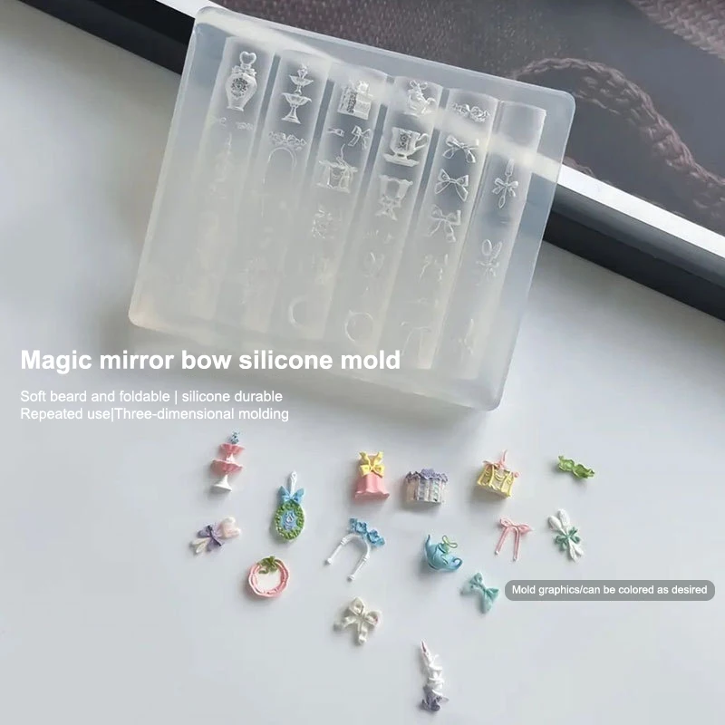 Transparent Nail Art Silicone Carving Mold Bowknot Mirror Teacup UV Gel Polish Art Mould DIY Design Nail Charm Stencils Decor.~