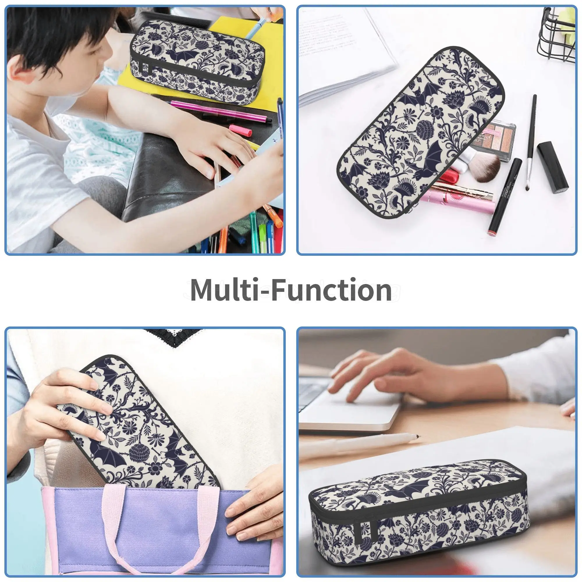 Halloween Bats Flower Pencil Case Large Capacity Pencil Pouch Box Bag Durable Pen Case Stationery Organizer for Work School