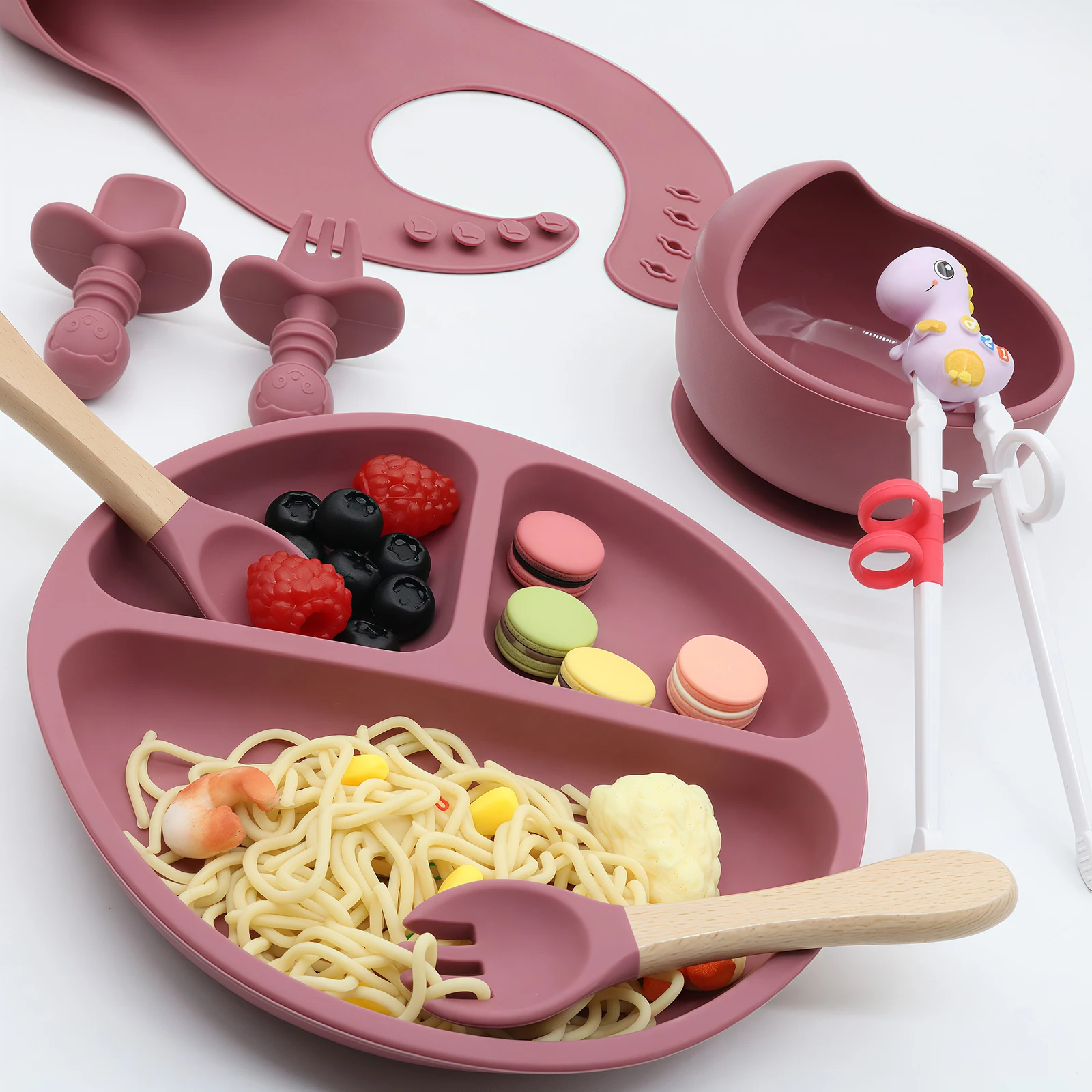 

Silicone Baby Feeding Set 8pcs, Suction Bowl Divided Plate, Toddler Self Feeding Dish Set With Spoons Forks Chopsticks and Bowls