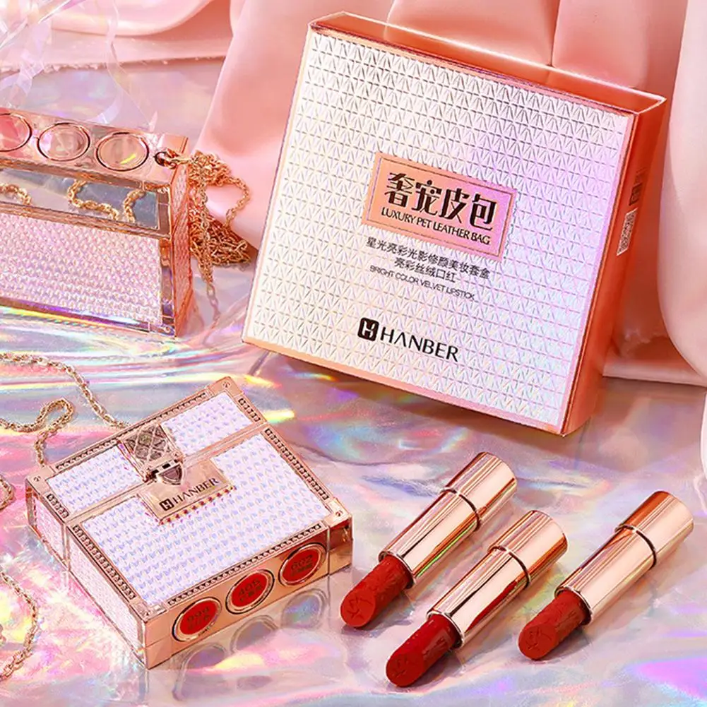 3 Stks/set Lippenstiften Voor Leren Tassen Lippenstift Ketting Lederen Tas Geschenkdoos Lippenstift Hydraterende Lippenbalsem Lippenstift Cosmetica