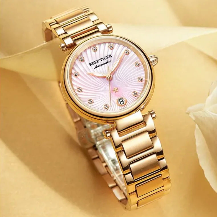 Reef Tiger Women Automatic Watch 33mm Ladies Mechanical Wristwatch Sapphire Mirror MOP Dial