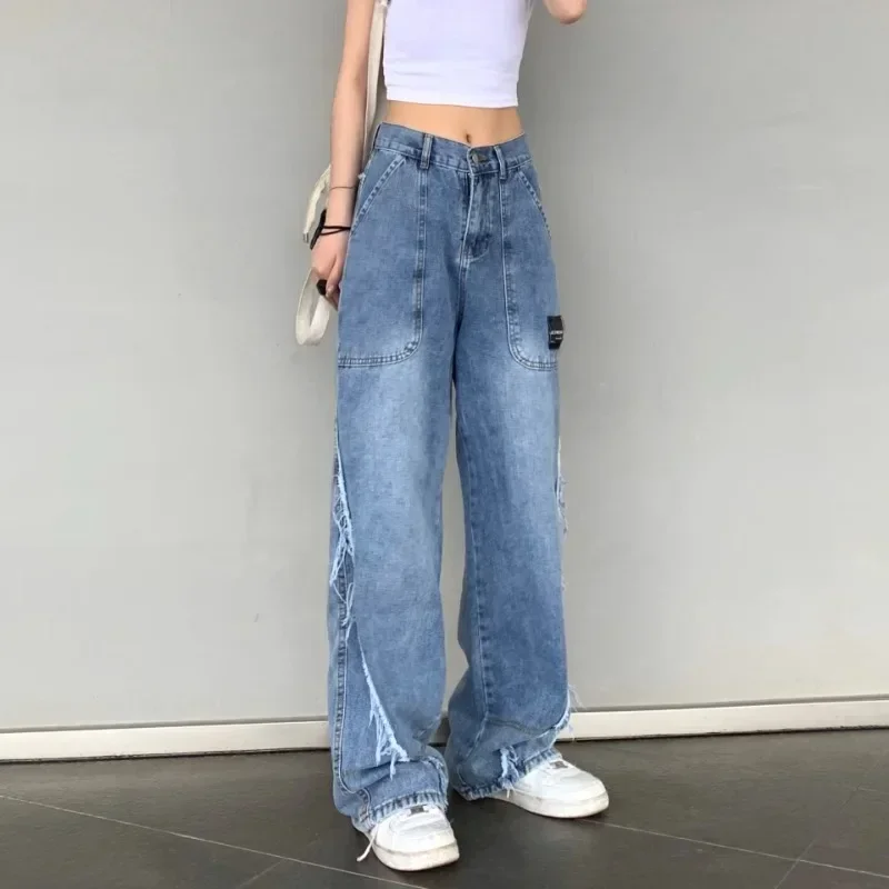 Loosefit With Pockets Wide Leg Trousers 2025 High Quality Women's Jeans Wholesale Medium Wash New In R A Cowboy Pants for Woman