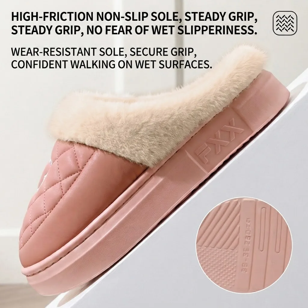 Herren Damen Winter Warme Hausschuhe Wasserdichte Plattform Dicke Sohle Fell-Slides Gemütliche Plüsch Rutschfeste Weiche Indoor Outdoor Baumwoll-Mules – Detail 17