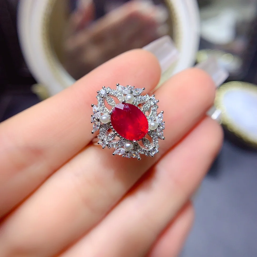 FS 7*9mm Natural Ruby Ring Inlay S925 Sterling Silver Fashion With Certificate Fine Charm Weddings Jewelry for Women MeiBaPJ