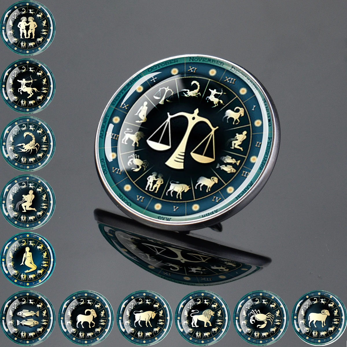 1PC Green Twelve Zodiac Pattern Brooch, 33mm Diameter Double-sided Glass Pendant, Suitable As A Holiday Party Gift