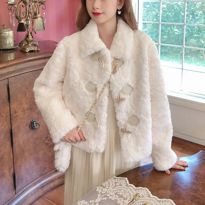 Winter White Faux Fur Coats Women Elegant Thick Warm Soft Furry Jacket Female Korean Style Horn Button Outwear Clothes New