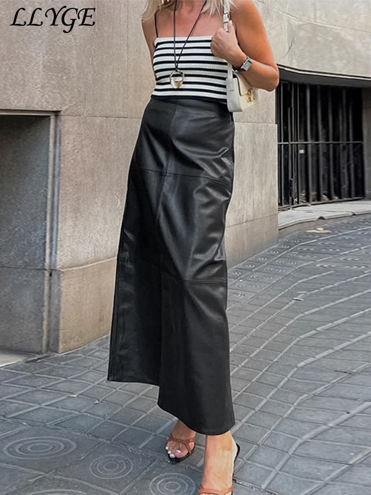 Fashion Velvet Leather Long Half Skirts Women Spliced High Waist Female A-line Skirt 2024 Autumn Lady Y2k Warm Black Streetwear