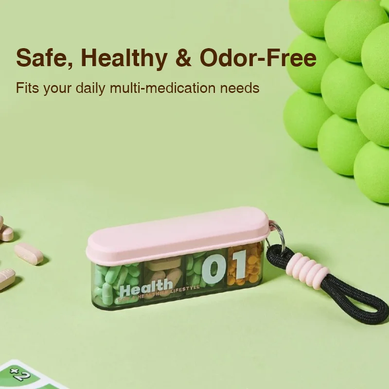 Portable 4 Compartments Pill Box with Buckle Switch, Weekly Travel Vitamin Organizer with Keychain, Safe Food-Grade Daily Medici