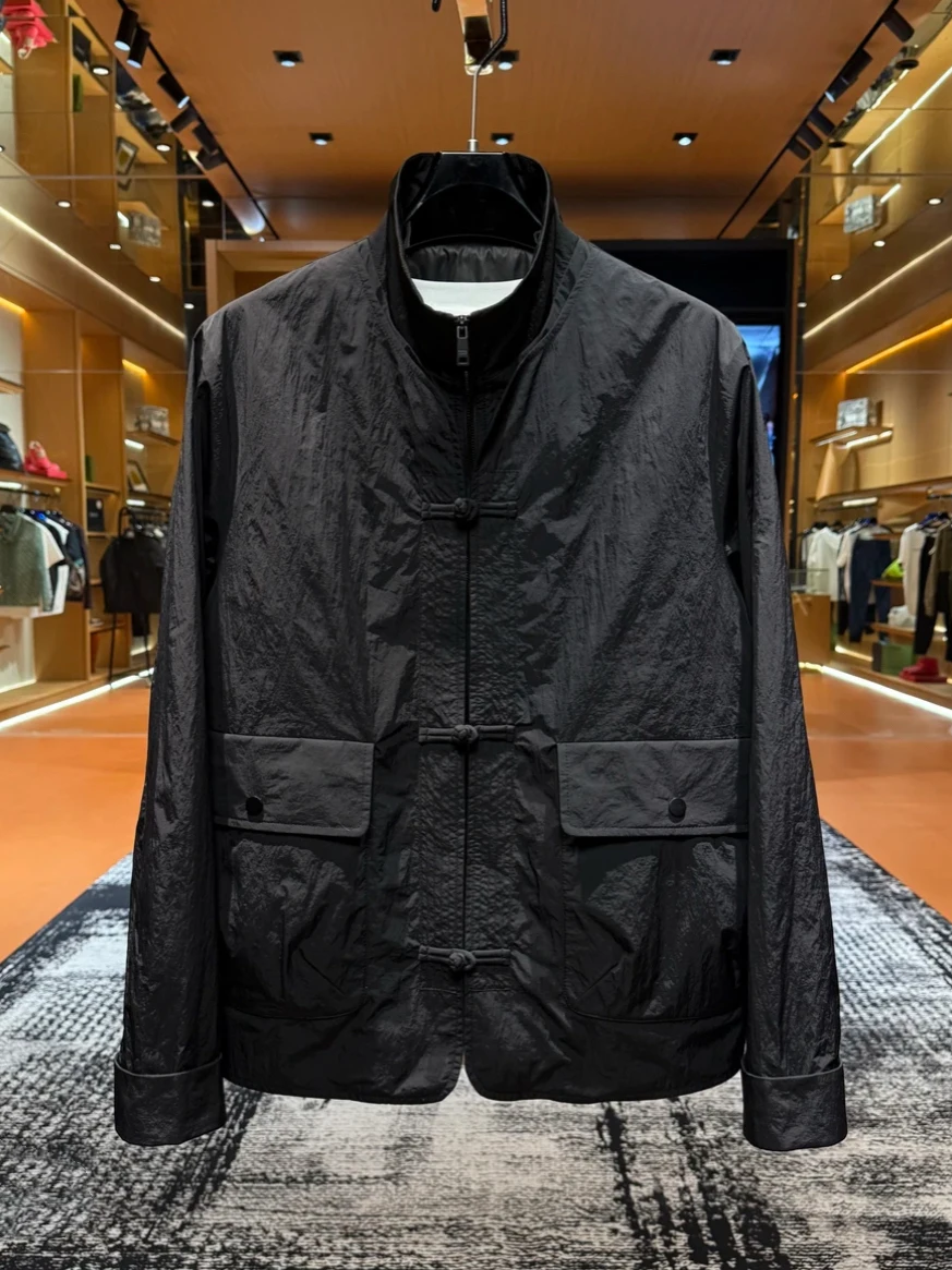 

New Chinese Sle Jaet Simple Stand Collar Spring Autumn Trendy Fake Two-Piece Zipper Button Outerwear for Young Men