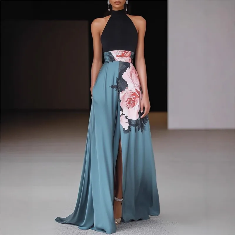 

Flower Printed Dresses Woman Split Backless O Neck Sleeveless Robe Dress 2026 Spring Summer New Sexy O Neck Vacation Maxi Dress