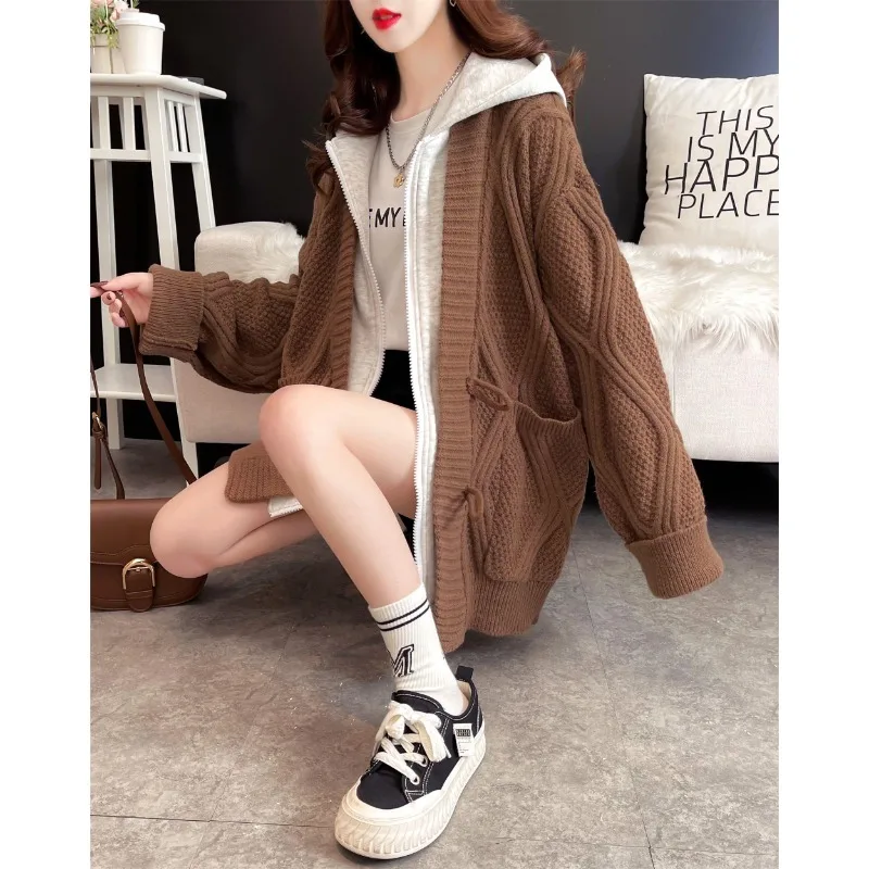 Women's Patchwork Fake Two Piece Hooded Sweater Coats Spring Fall Lady Casual Knitted Jacket Daily Joker Cardigan Female 2025