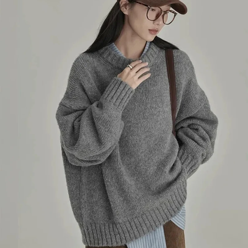 GIDYQ Korean Loose Solid Pullovers Women Elegant Thickened O Neck Long Sleeve Knitted Sweater Warm Casual All Match Knitwear New