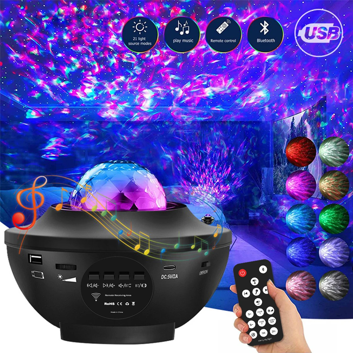 Starry Sky Lamp Small Bowl Protection Mini Lights 10 Colors USB Music Night Light Remote Festival Gift for Family Bedroom Inside