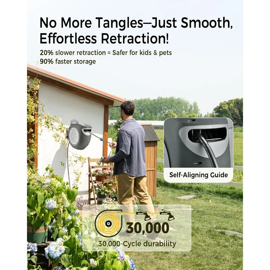 بكرة خرطوم حديقة قابلة للسحب 5 8 بوصة × 100 قدم دعامة معدنية 2025 قفل بسقاطة مزدوج مطور للأشعة فوق البنفسجية حماية من التجميد ختم نحاسي بطيء