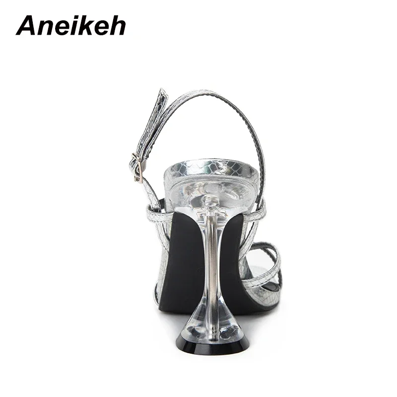 Aneikeh Silvery Gladiator klamra wysokie sandały na obcasie damskie letnie Sandalia seksowne skórzane 2024 Party buty damskie Zapatos De Mujer
