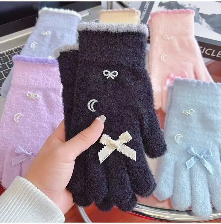 قفازات شتوية نسائية مع ديكور على شكل قمر على شكل فيونكة، قفازات حرارية مريحة فائقة النعومة، هدية أنيقة لها