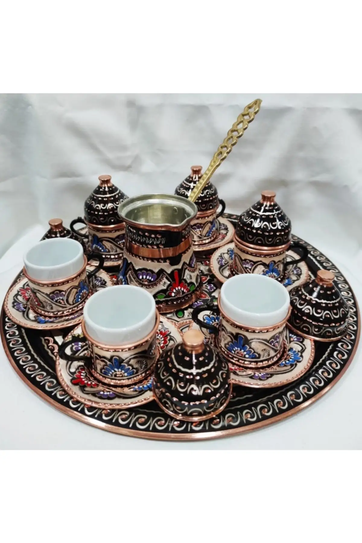 DOLBOVI copper hand embroidered 6 person 19 piece coffee cup set handmade espresso cup