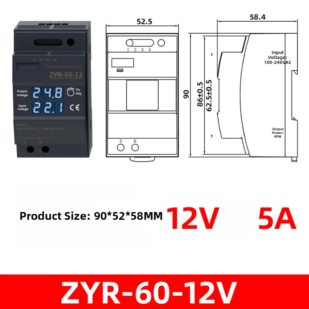 Digital Display 60W Rail Mounted Power Supply Input 100-240VAC Output 12V/24V for Factory Floor Equipment and Cabinet Wiring