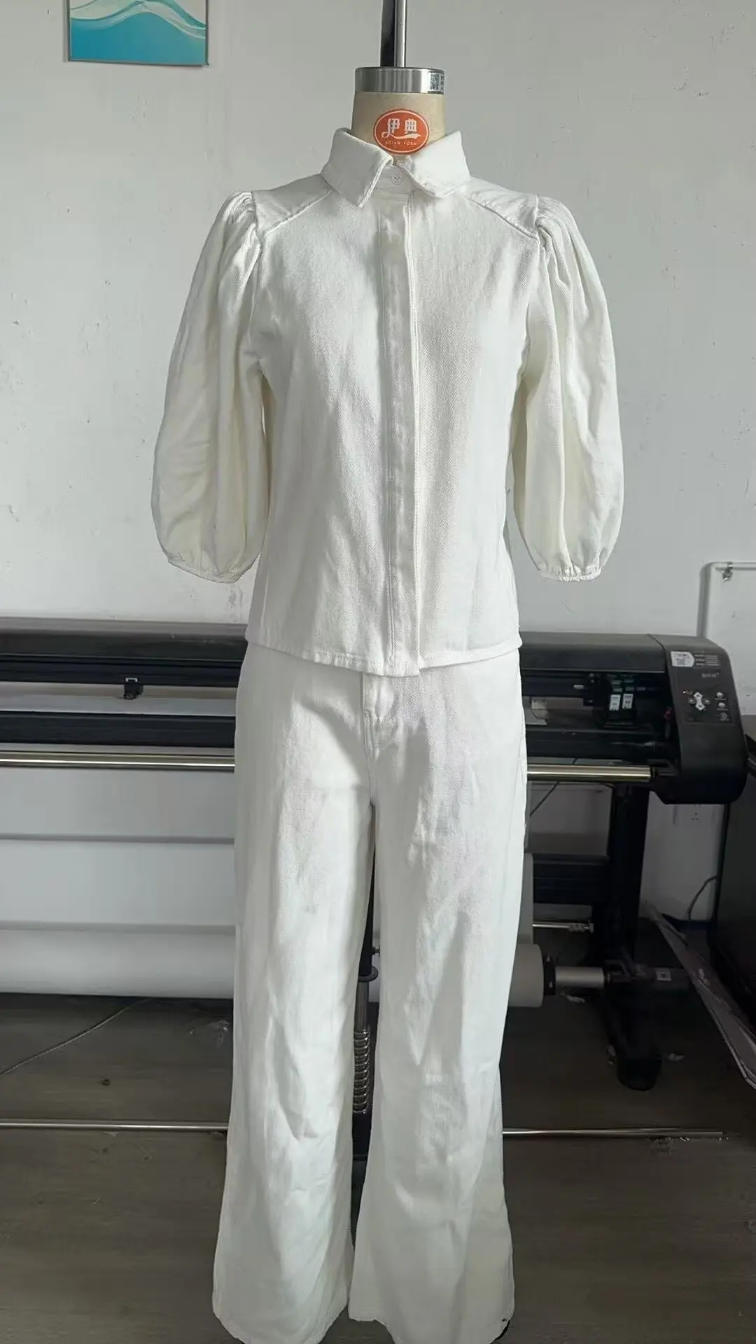 HH Frauen Mode Dünne Revers einreiher Lose Falten Denim Hemd + Hohe Taille Zipper Seite Tasche Breite bein Casual Hosen Anzug