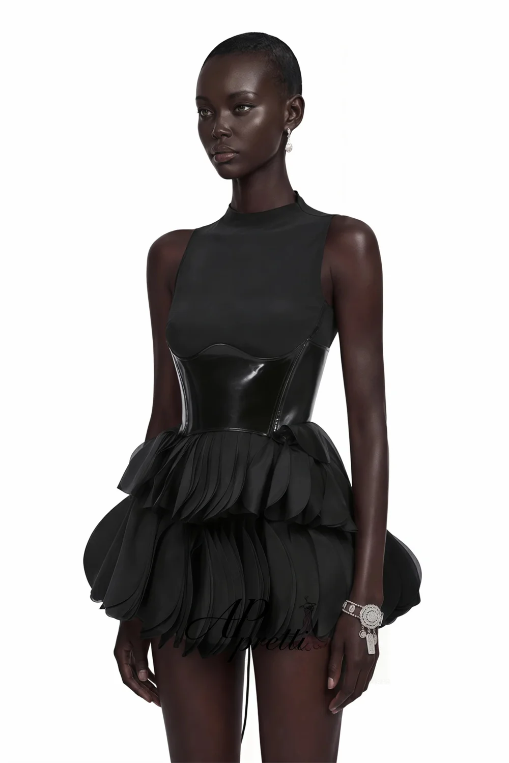 AP pretti Modern Black 3D Petal Mini Cocktail Dress Faux Leather Boned Corset Bodice Short Party Gown Customized Prom Gown ﻿
