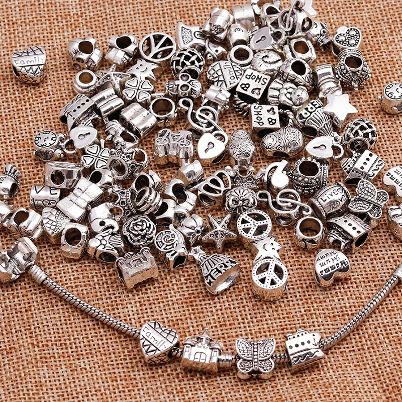 Leslie 25 Stück zufällige gemischte silberfarbene Legierungs-Charms-Perlen für Marken-Charms-Armbänder, Halsketten, mehr als 1000 Stile – Detail 3