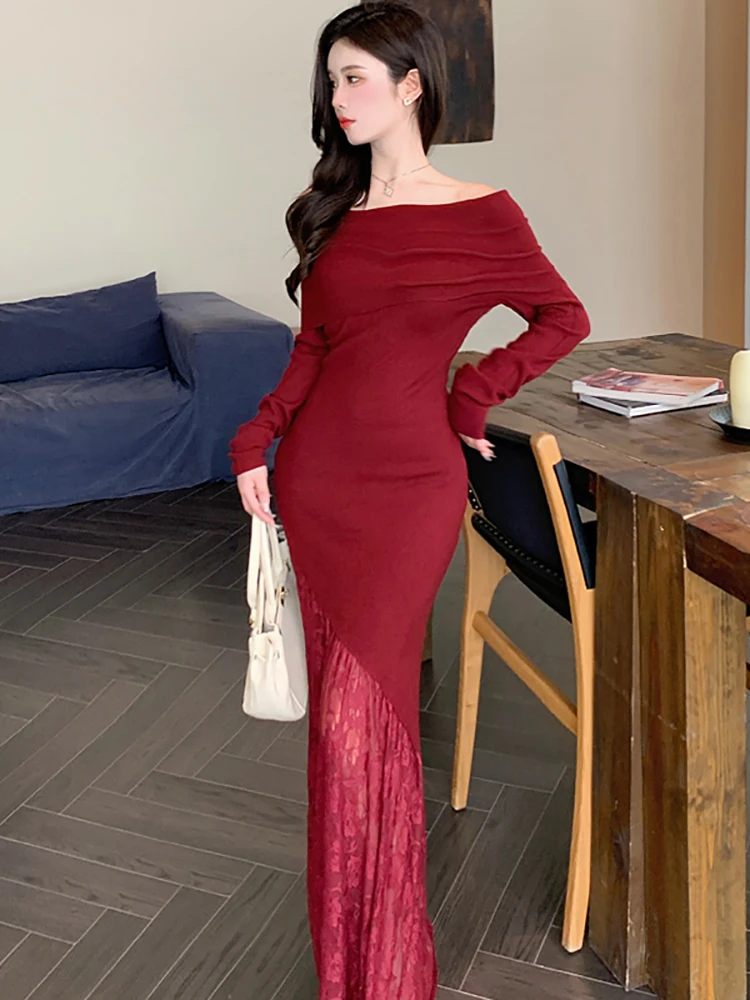 

Autumn Winter Red Knitted Patchwork Lace Luxury Long Dress 2025 Korean Vintage Elegant Evening Dress Women Fashion Chic Vestidos