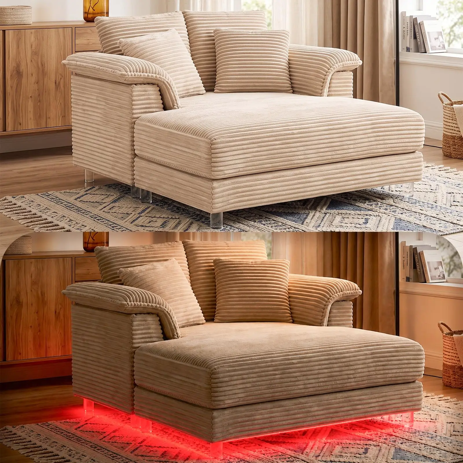 Floating Chaise Lounge Chair with LED Light, Cloud Couch with Pillow Armrests, Acrylic Legs, High Density Foam Lounge