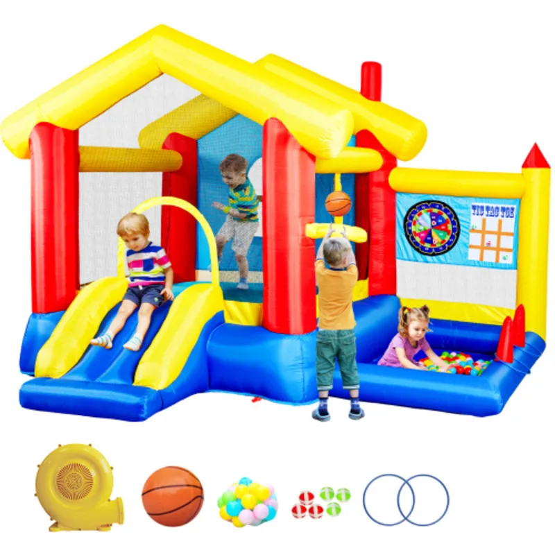 Casa di rimbalzo gonfiabile 8 in 1 con canestro da basket con ventilatore, palline oceaniche, bersaglio con lancio ad anello e gioco di palline appiccicose per bambini