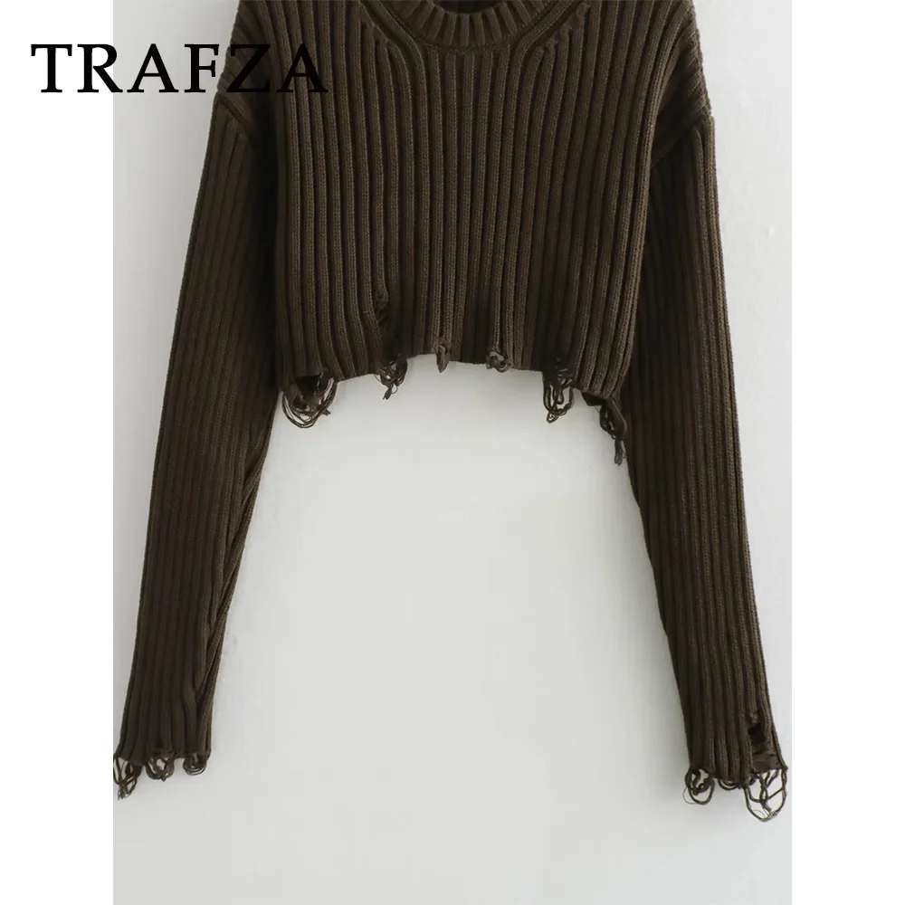 TRAFZA 2023 Autumn Women Knitted Solid Casual Shirt Fashion Winter Loose Stripe O Neck Streetwear Elegant Frayed Straight Blouse