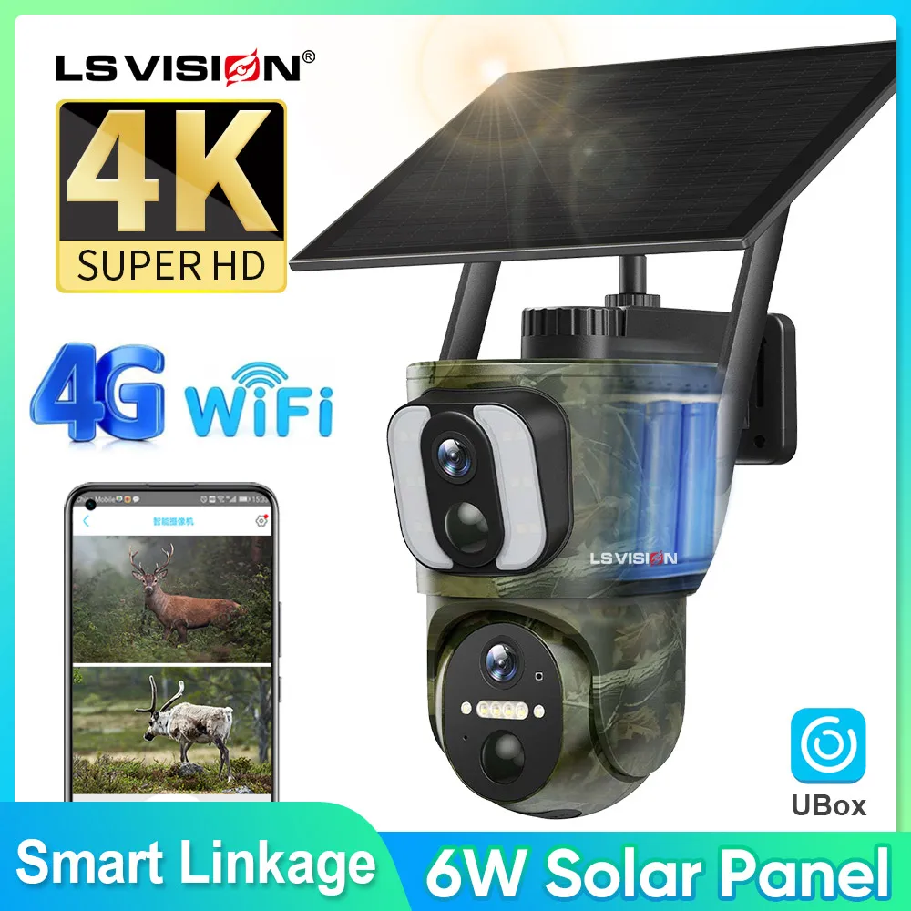 LS VISION 4K  8MP 4G Sim Solar Security Camera Wireless Outdoor WiFi PIR  Detection Waterproof Wildlife Camera Hunting camouflag