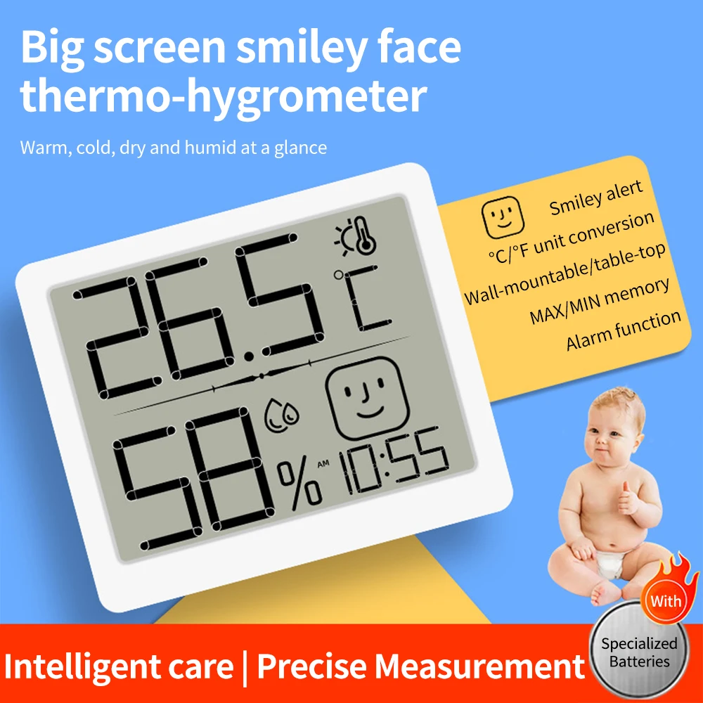 Thermometer Hygrometer Time Alarm Thermo-Hygrometer Digital Temperature Test Meter High-Precision Lcd Indoor Household Room