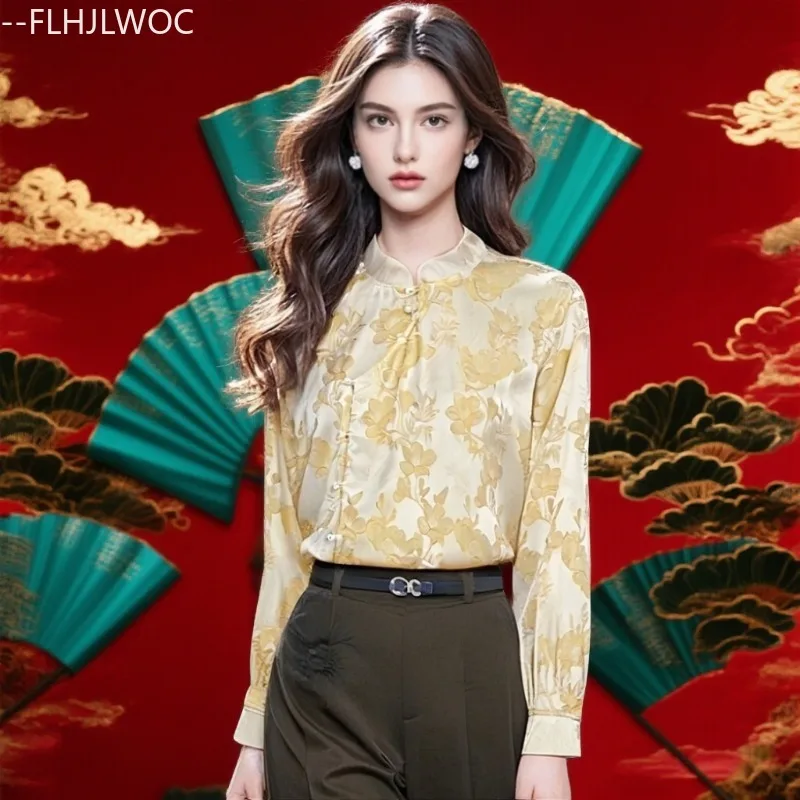 Neue Jahr Chinesischen Stil Shirt Frauen Mode Champagner Floral Gestickte Bluse Elegante Dame Stehkragen Retro Vintage Tops