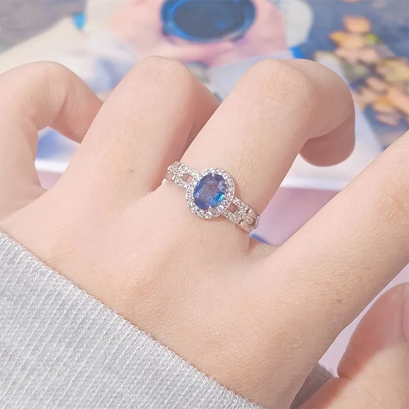 Natural color treasure sapphire ring women's s925 sterling silver gemstone index finger ring Xiaohongshu Douyin live