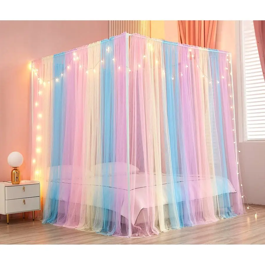 

Canopy Bed Curtains with Lights 4 Corner Post Bed Canopy for Adults Girls, Rainbow Bed Drapes Netting8 Panel Curtains,King