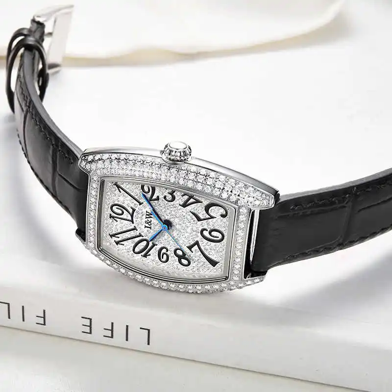 I & W-Montres Tonneau pour Femme, Mouvement Quartz Importé, Lunette Diamants, Bracelet Cuir, Étanche, Mode