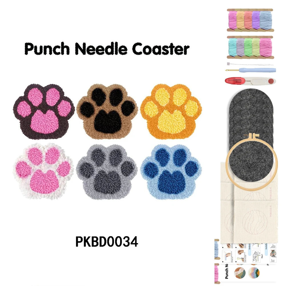 

DIY Cat paw print Punch Needle Embroidery Coaster Kit Drink Mug Rug Coasters Materials Set Craft Kit For Adult Gifts Home Decor
