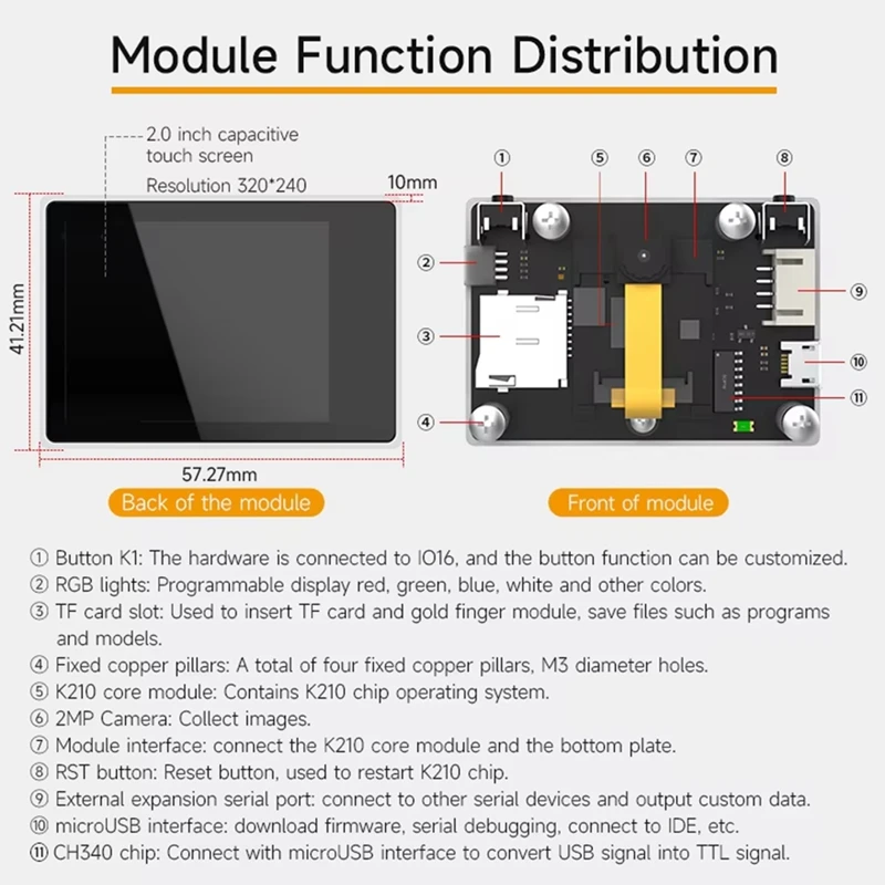 K210 시각 인식 모듈, 2MP 카메라, OV2640, 2.0 인치 LCD 정전식 터치 스크린, DIY 로봇 자동차 키트