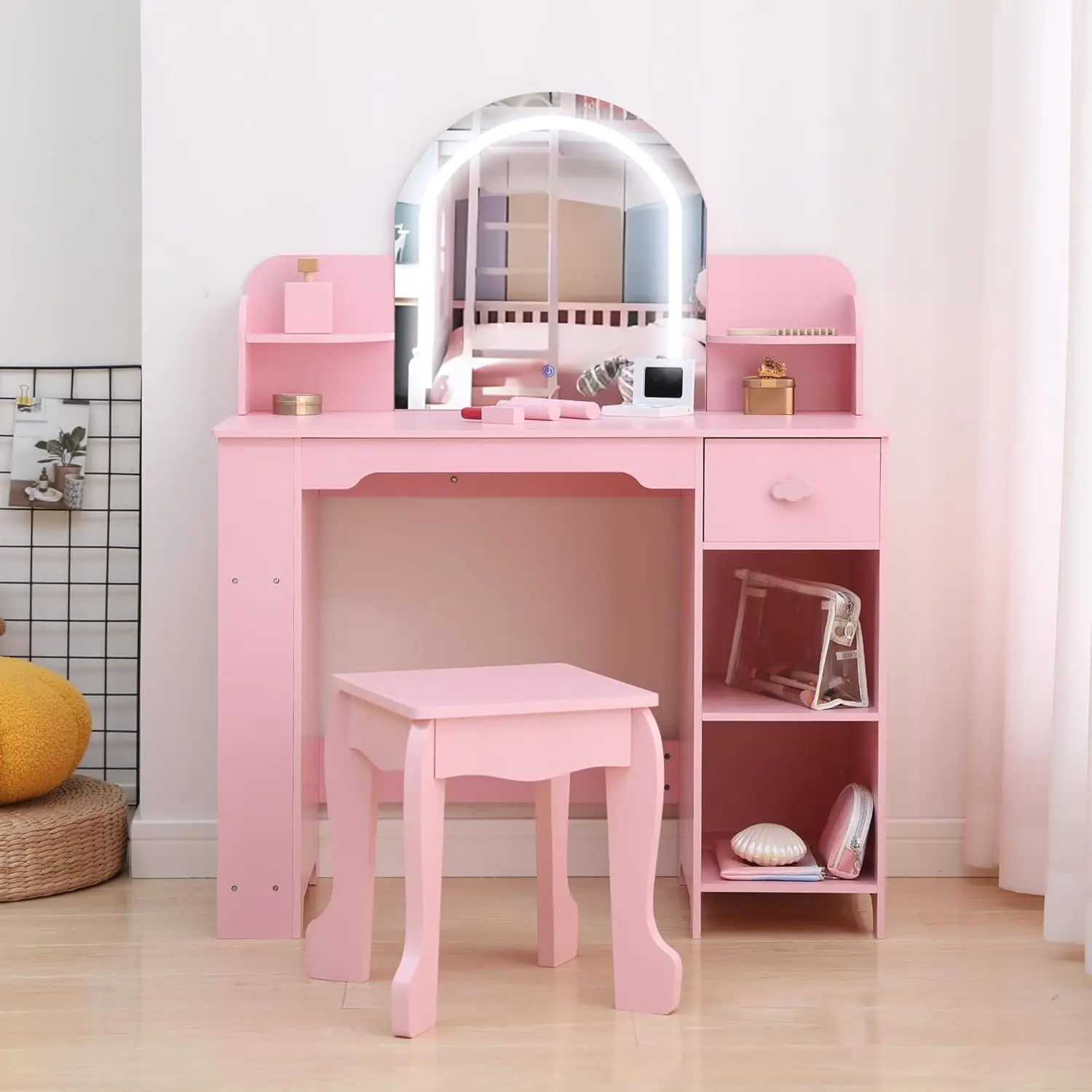Garvee Schminktisch mit Zubehör für Kinder ab 3 Jahren: Rosa Kinderhocker mit LED-Spiegel-Kombination, Mädchen-Schminktisch mit Schubladen und Ablage, Prinzessinnen-Spielstudio-Möbel-Set mit