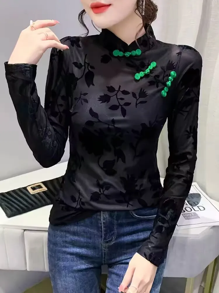2026 French Style Elegant Printed Flowers Button Sweet S-3XL Female Spring Summer Woman T-shirt Slim 3D-decoration Mesh Simple