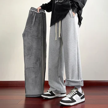 Pantalon d'hiver pour hommes, jambes larges, tissu 75% coton, ajout de velours à l'intérieur, droit, extérieur, couleur unie, pantalon de survêtement Long Baggy