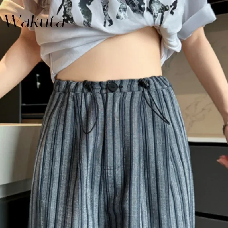 WAKUTA Korean Retro Striped Draped Wide-leg Capris Fall Casual High Waist Loose Thin Straight Pant Y2K Clothes カラコン Pants Women