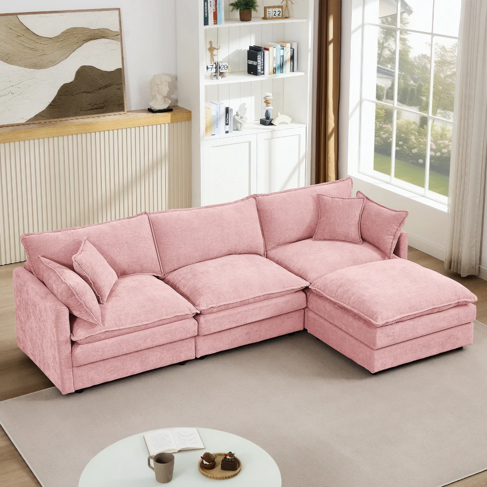 

102 Inch L Shaped Modular Sectional Sofa:3-Seater Comfy Cloud,Movable Ottoman,DIY Combo,Chenille,Pink
