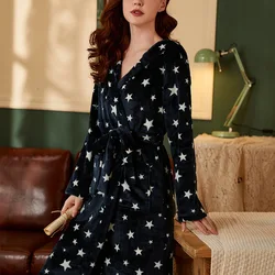 Star Printed Robe Autumn Winter Flannel Nightgowns Fashion Hooded Bathrobe Kimono Gown Intimate Lingerie Chemise Nightdress