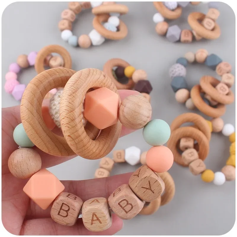 Baby Personalized Name Teethers Teething Toys DIY Accesories Wooden Cartoon Animal Silicone Bead Chew Newborn Molar Bath Gifts